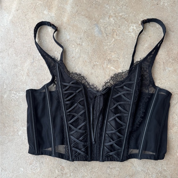 Victoria's Secret Dream Angels unlined black lace-up corset top, Size Large - Picture 2 of 12